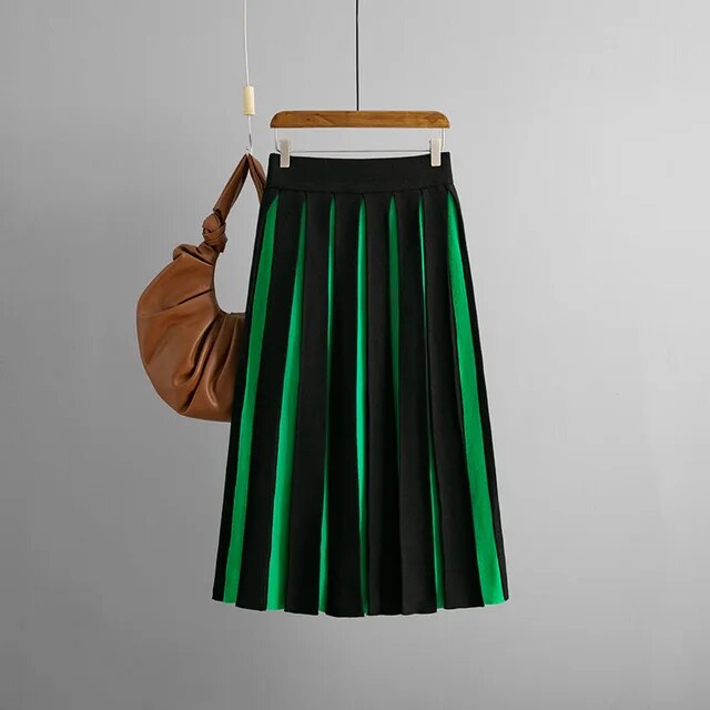 Knitted Long Skirt Women High Waist Black White Striped Contrast Color Sweater Skirt Faldas De Mujer Autumn Winter