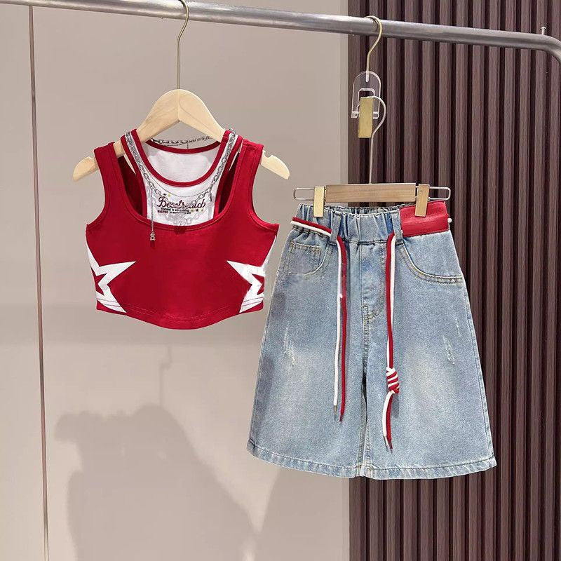 Fashionable Summer Outfit for Girls, Stylish Short Sleeve Trendy Denim Mid-Length Pants Two-Piece Set