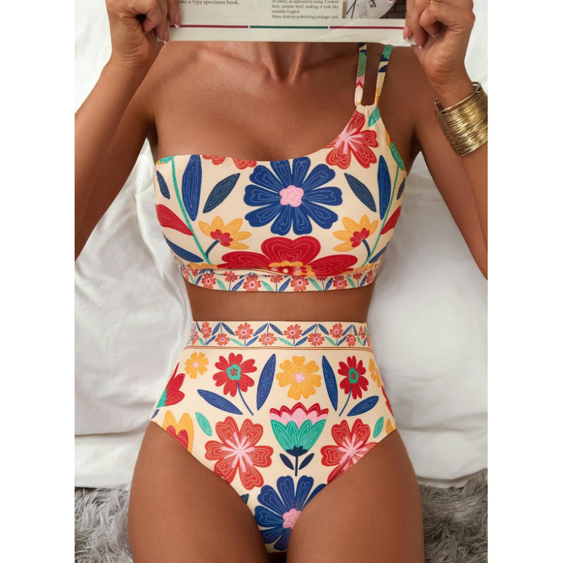 New women's high waisted bikini set with one shoulder floral print swimsuit, 2-piece set, belly cinching swimsuit
