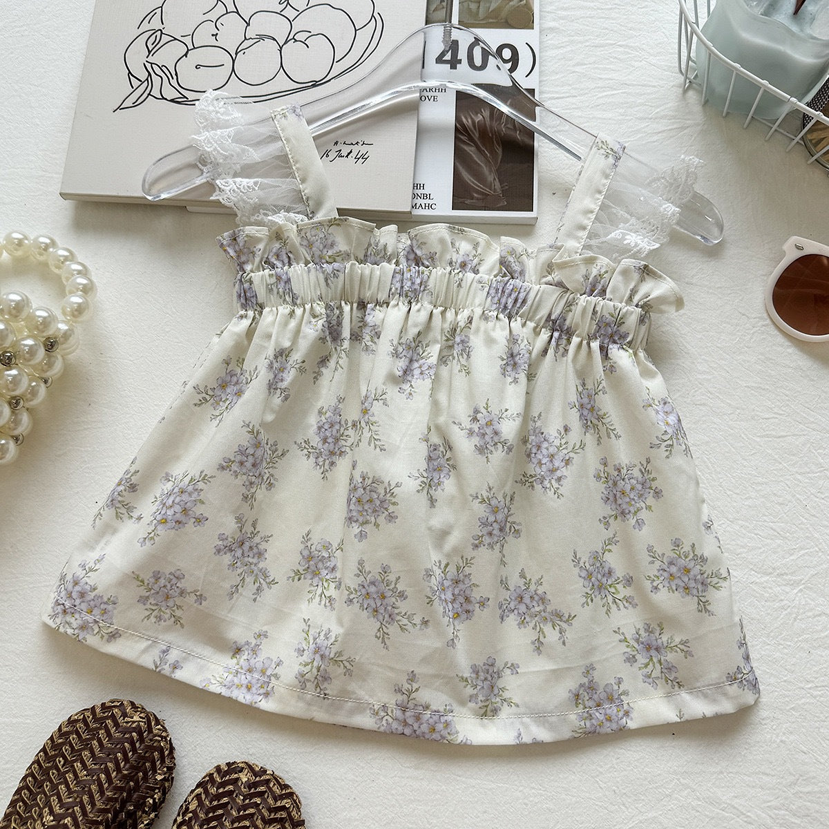 Summer Girls' Set New Lace Floral StrapShorts Two-Piece Outfit Vacation Style