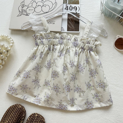 Summer Girls' Set New Lace Floral StrapShorts Two-Piece Outfit Vacation Style