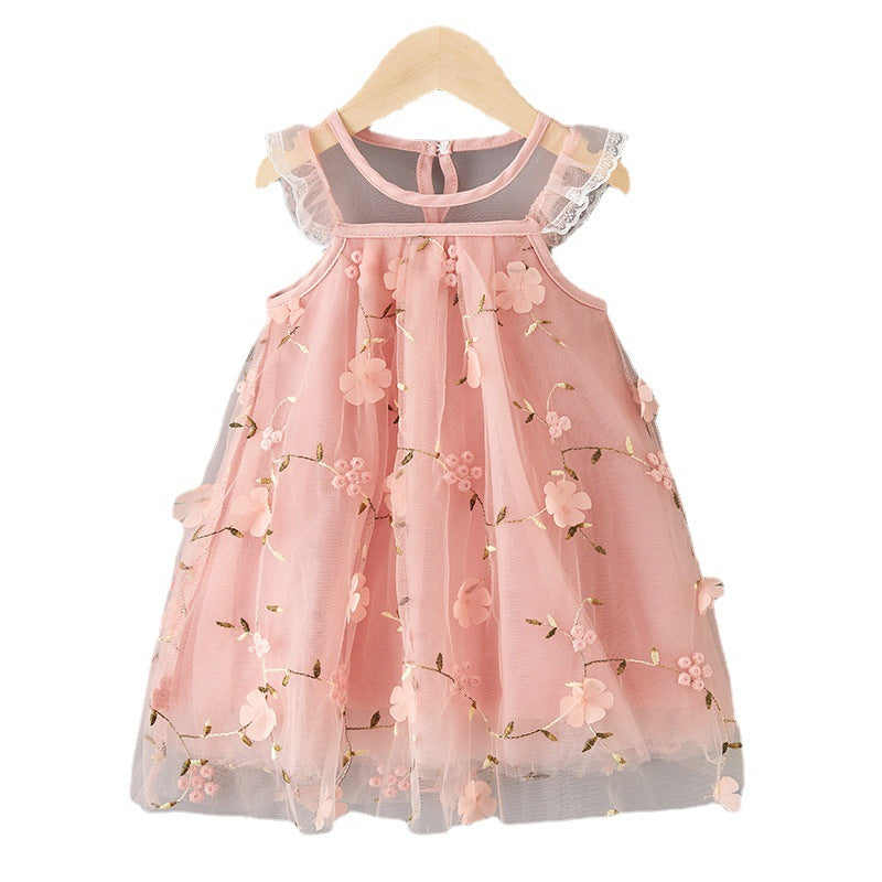 Embroidered Lace Tulle Dress for Girls Summer Fashion Charming Princess Dress with Delicate Embroidery and Layered Tulle Skirt