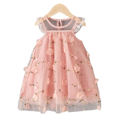 Embroidered Lace Tulle Dress for Girls Summer Fashion Charming Princess Dress with Delicate Embroidery and Layered Tulle Skirt