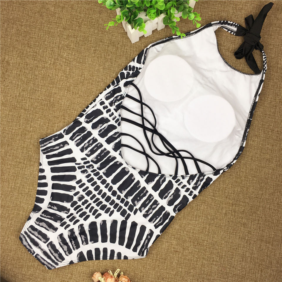Monokini Plus Size One Piece Swim Bathing Suit Bandage Swimwear Women Halter Neck Swimsuit Maillot De Bain Print Bodysuit