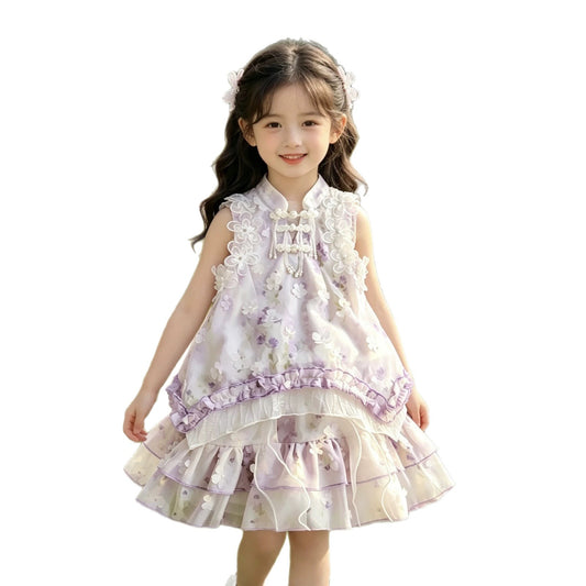 Girl's Summer Set New Chinese Style 3D Flower Vest Top Short Skirt National Style Princess Two-Piece Set