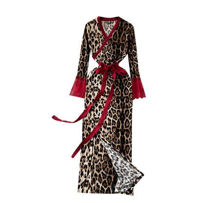 Fashion Dresses for Women Temperament Leopard Roint Sexy Korean Robe Femme Vestidos De Mujer Slim Waist Bodycon Maxi Dress