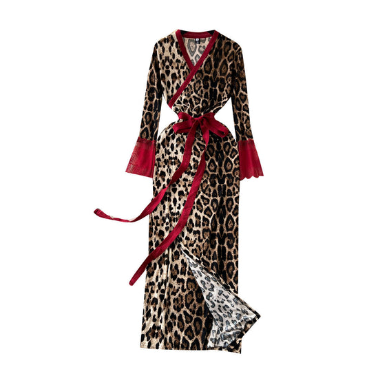 Fashion Dresses for Women Temperament Leopard Roint Sexy Korean Robe Femme Vestidos De Mujer Slim Waist Bodycon Maxi Dress