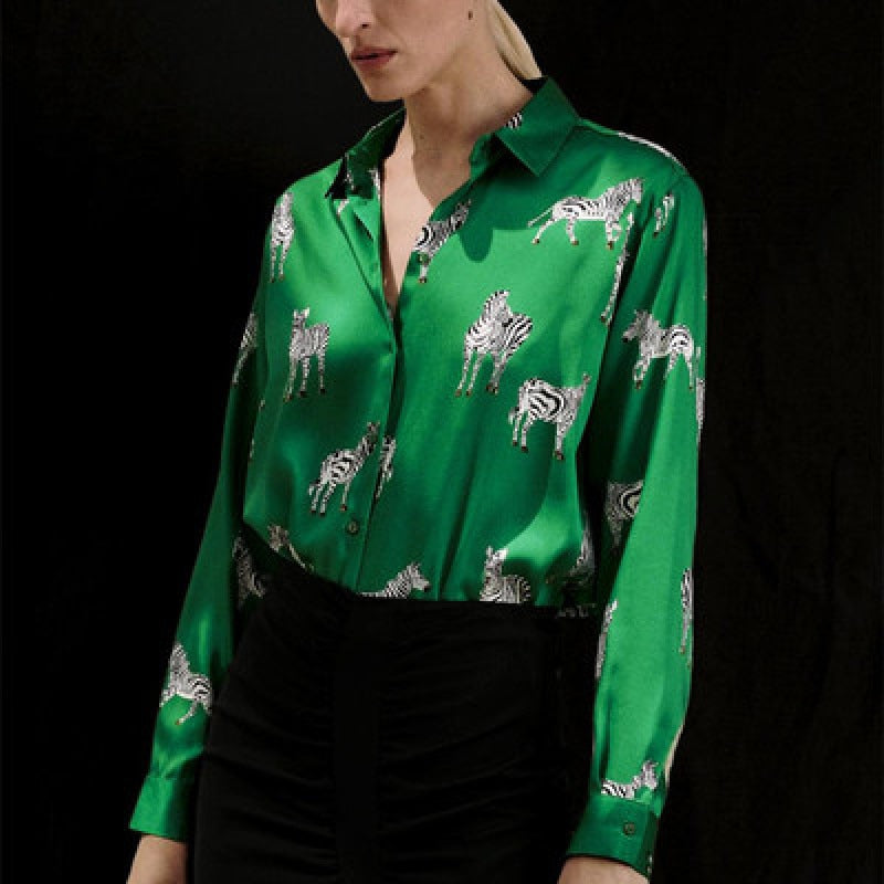 Women Satin Blouse Long Sleeve Zebra Print Shirts Vintage Office Ladies Tops Femme Chandails Za  Fashion Blusa De Mujer Ins