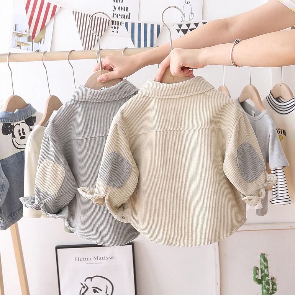 Elastic Corduroy Top with Color-Blocked Turn-Down Collar
