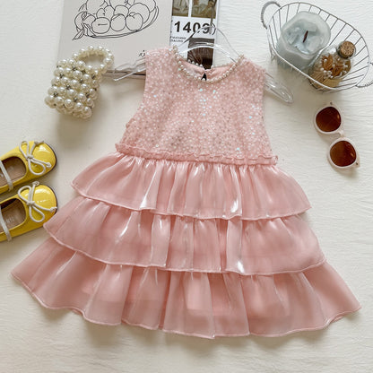 Summer Girls' Dress New Style Sequin Beaded Princess Dress Little Girl Birthday Gown Cake Skirt