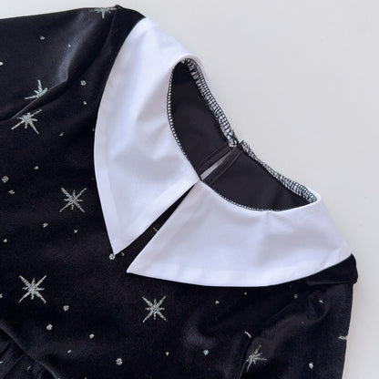 Clothing  Elegant Velvet Long Sleeve Dress with Glitter Star Print, Turn-Down Collar Princess Cut, Children's Formal Dress