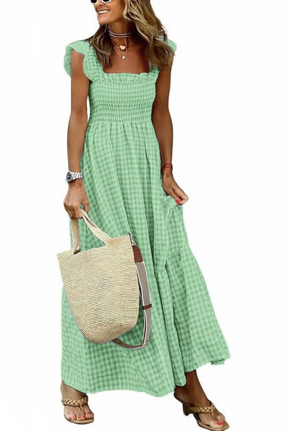 Robe à bretelles patchwork à carreaux chic pour femme, avec taille élastiquée et coupe évasée