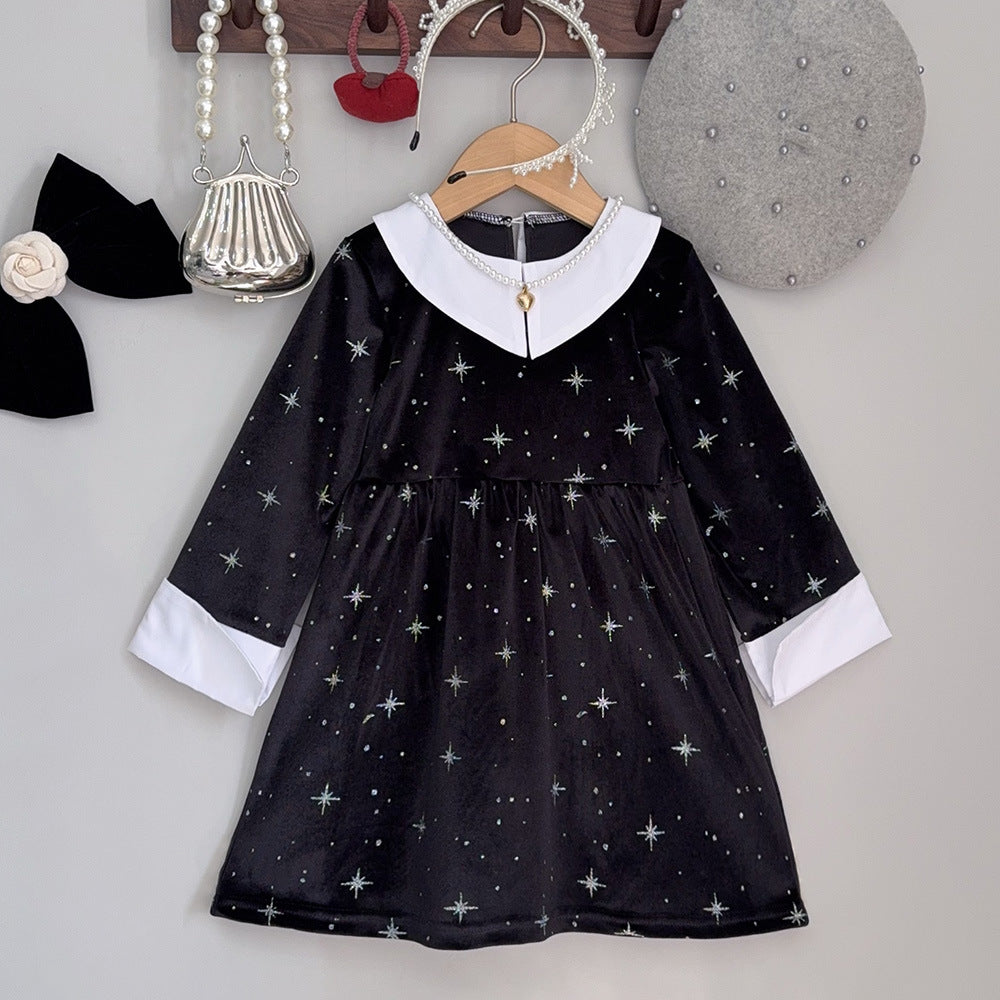 Clothing  Elegant Velvet Long Sleeve Dress with Glitter Star Print, Turn-Down Collar Princess Cut, Children's Formal Dress