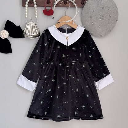 Clothing  Elegant Velvet Long Sleeve Dress with Glitter Star Print, Turn-Down Collar Princess Cut, Children's Formal Dress