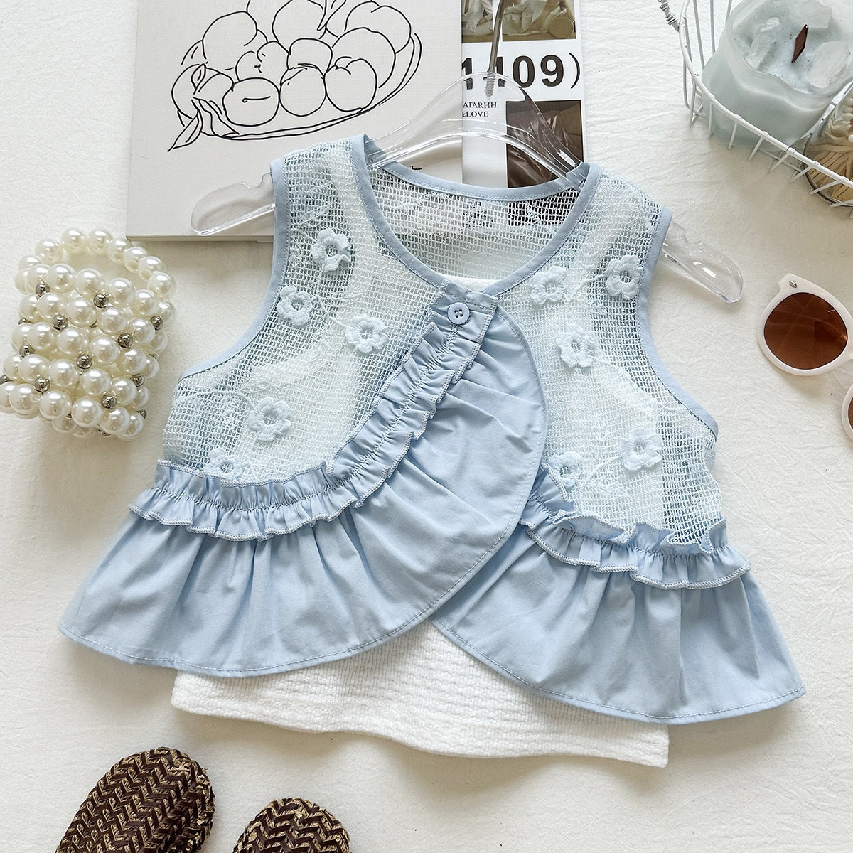 Summer Girls' Outfit Set New Mesh Ruffle Vest Strap Top Bubble Shorts Three-Piece Set Foreign Trade