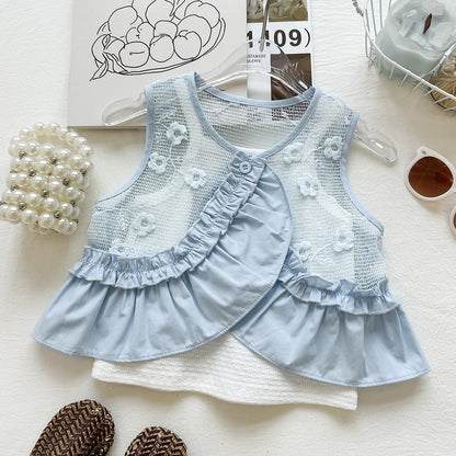 Summer Girls' Outfit Set New Mesh Ruffle Vest Strap Top Bubble Shorts Three-Piece Set Foreign Trade