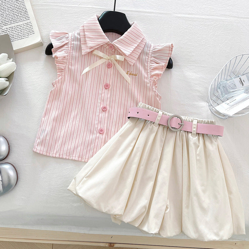 Cute Stripe Flutter Sleeve Top Set for Girls, Princess Style Bloomer Shorts Two-Piece Outfit, Summer Fashion
