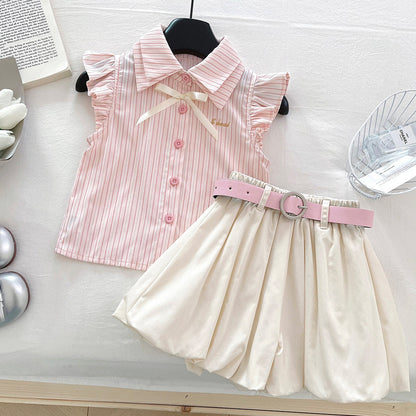 Cute Stripe Flutter Sleeve Top Set for Girls, Princess Style Bloomer Shorts Two-Piece Outfit, Summer Fashion