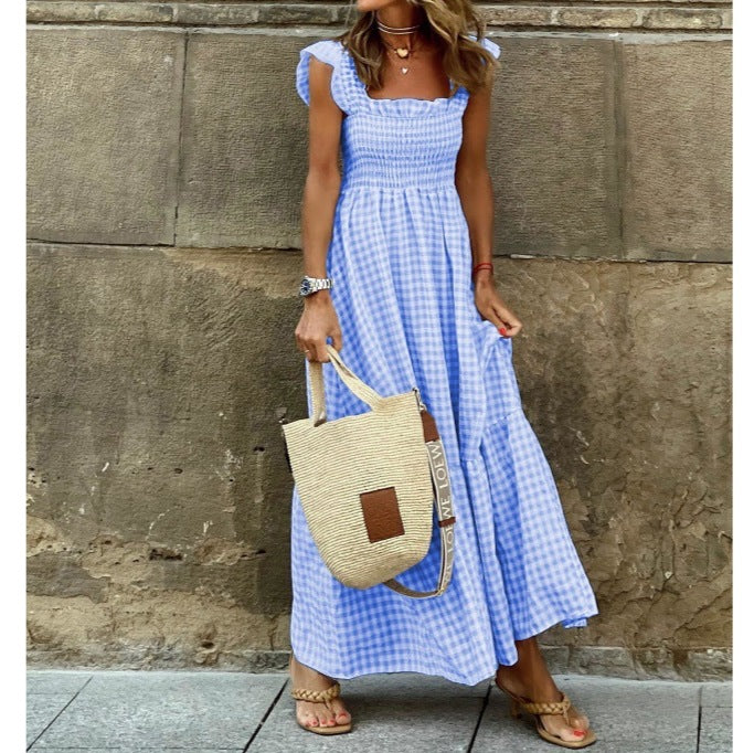 Robe à bretelles patchwork à carreaux chic pour femme, avec taille élastiquée et coupe évasée