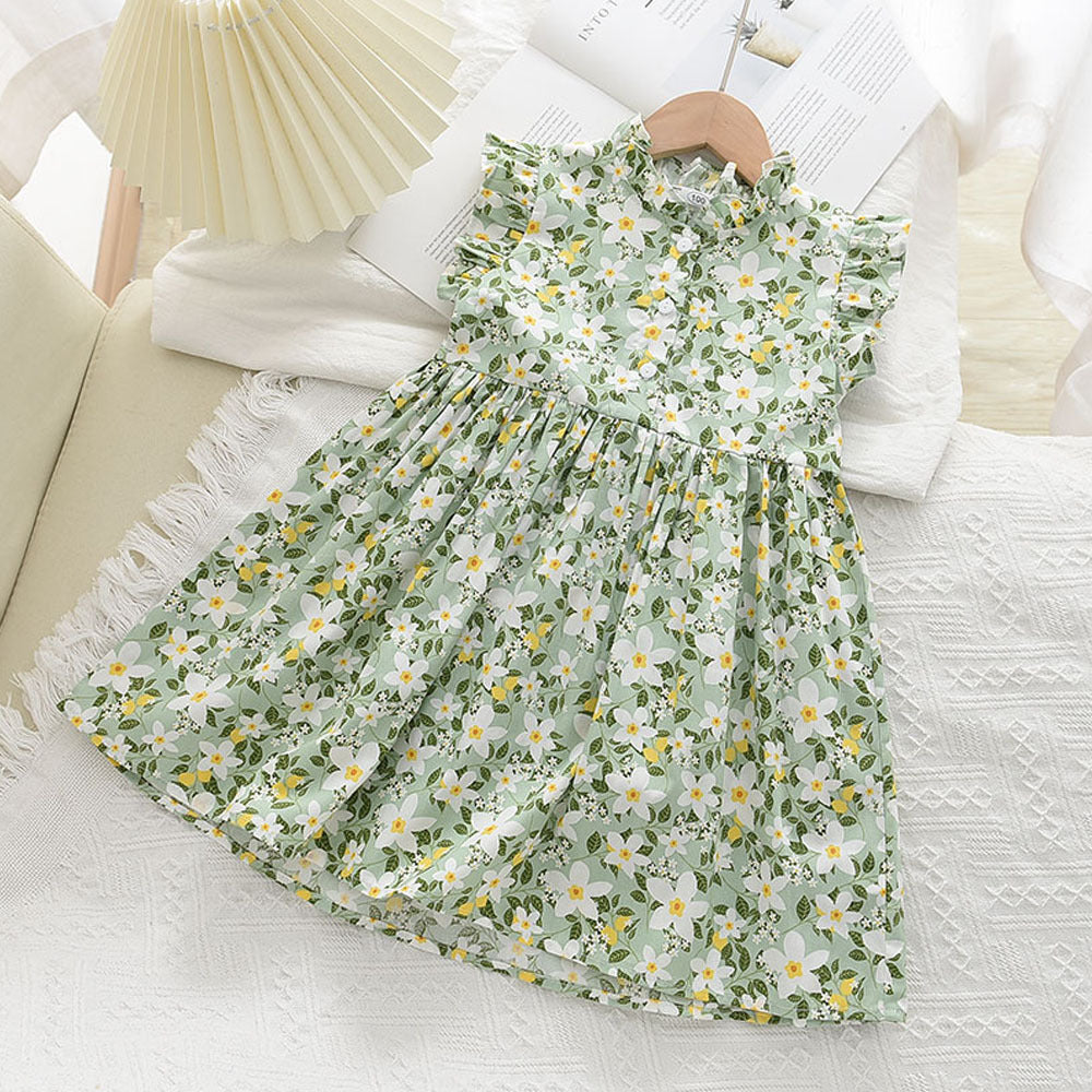 Cute Floral Print Dress for Girls with Stand Collar and Flutter Sleeves, Buttoned Baby Doll Style, Fresh and Charming Summer Dress