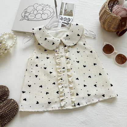 Summer Girls' Set Love Print Sleeveless Vest Top Pom-Pom Shorts  Two-Piece Set