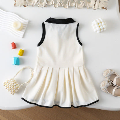 Sleeveless Turn-down Collar Bow Vest Dress for Girls Casual Pleated Skirt