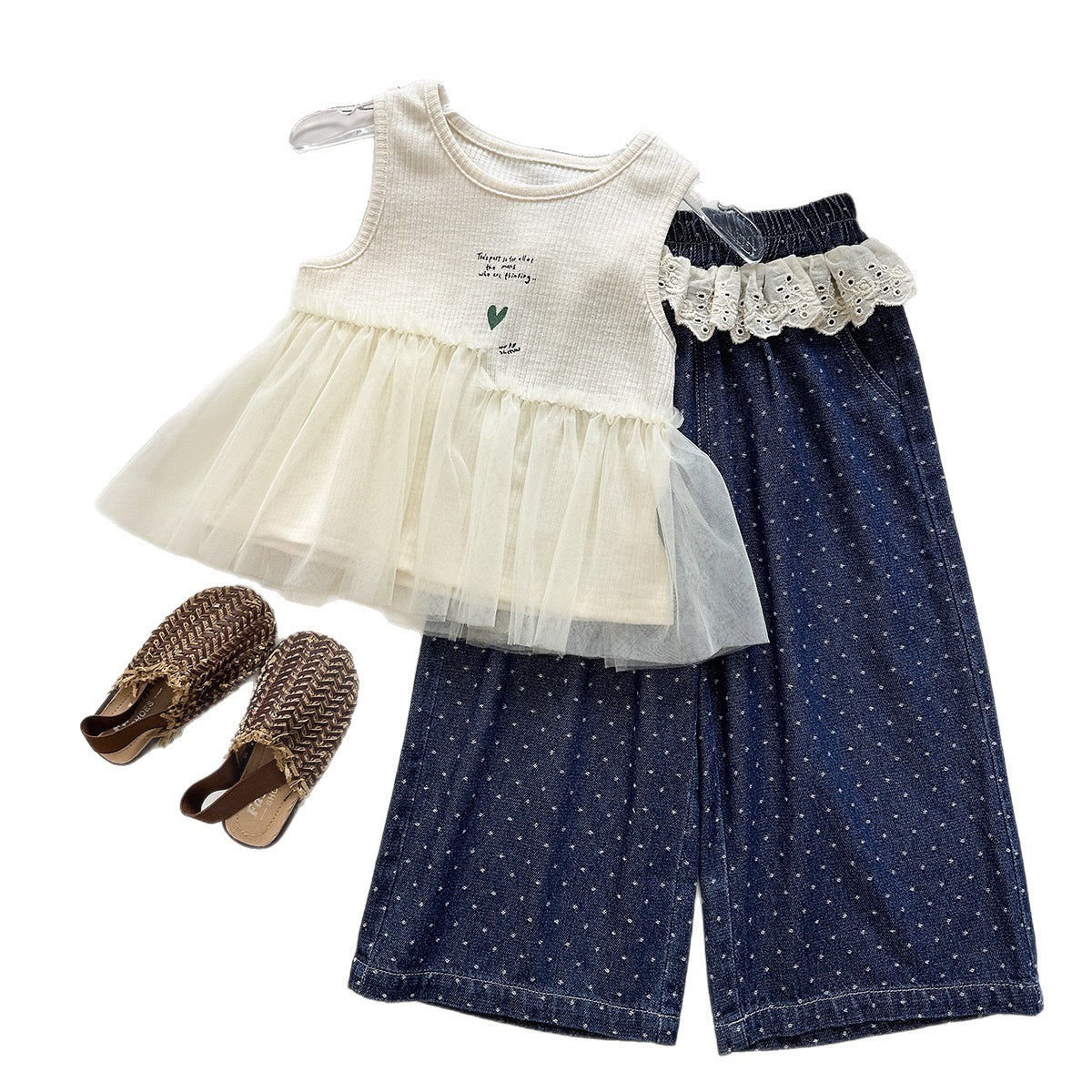 Summer Girls' Outfit Set  Letter Print Mesh Tank Top Polka Dot Wide Leg Pants Two-Piece Set