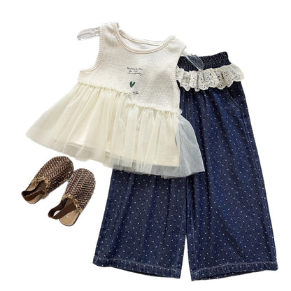 Summer Girls' Outfit Set  Letter Print Mesh Tank Top Polka Dot Wide Leg Pants Two-Piece Set
