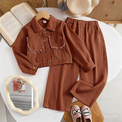 Fashionable Denim Jacket and Wide Leg Pants Two-Piece Set for Girls, Casual Style, Spring and Autumn Wear
