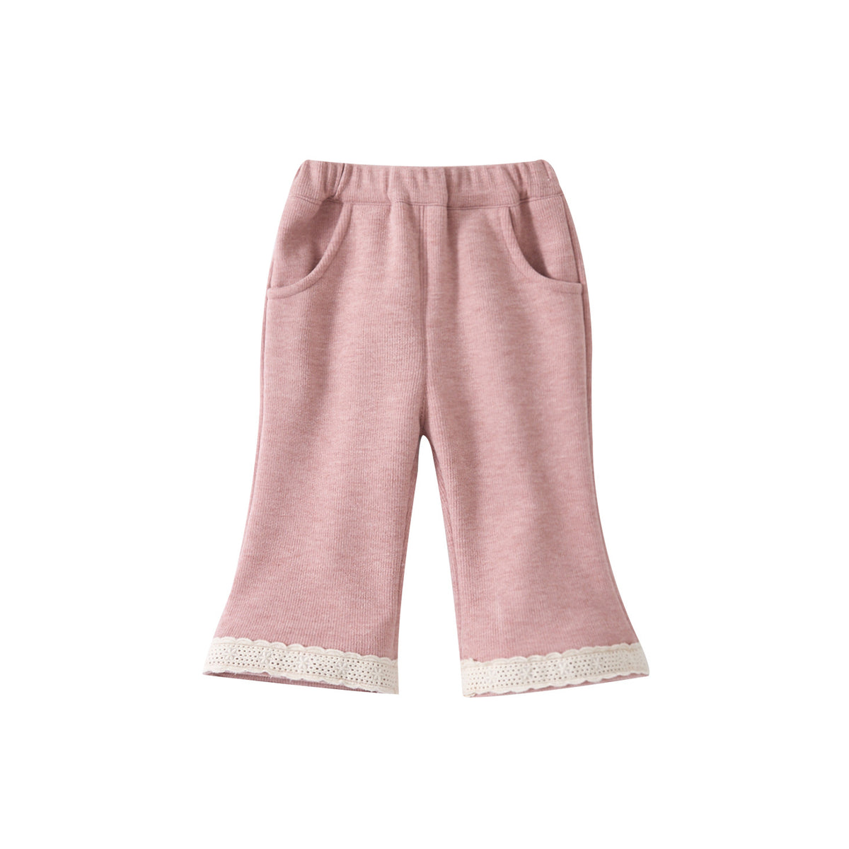 Pantalon évasé à bordure en dentelle, doublé polaire, patchwork épais de couleur unie