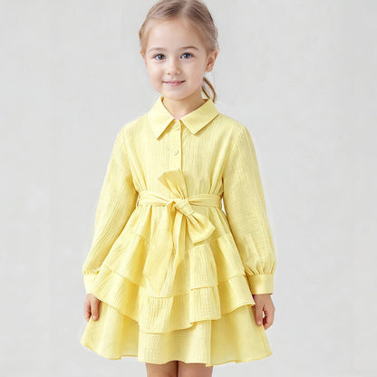 Ins Russian Girl Linen Fashion Ruffle Princess Dress JK Belted Elegant Turn-down Collar Dress