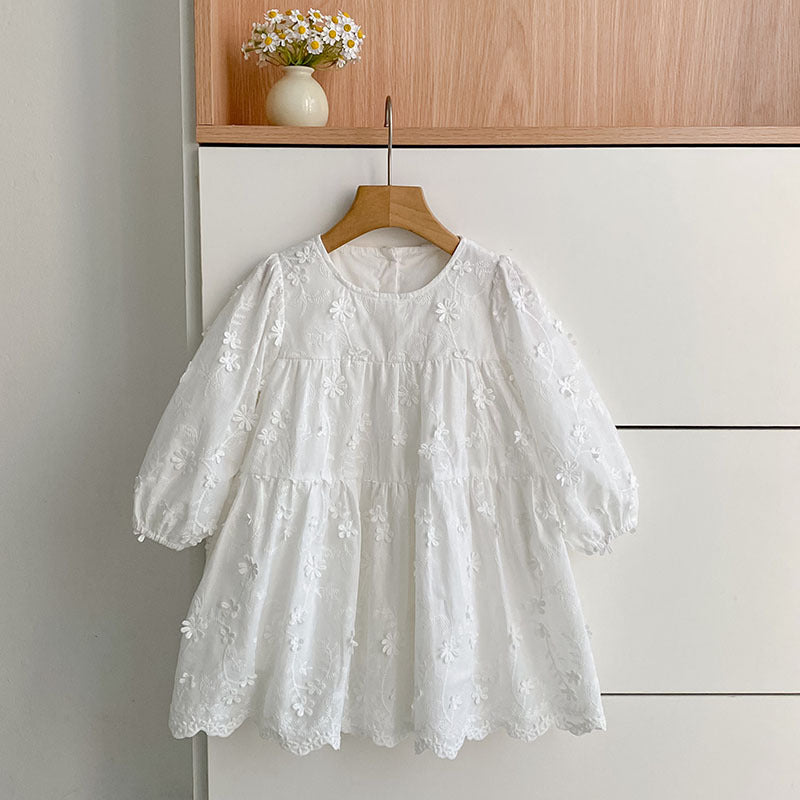 Girls' Dress Spring New Style Fashion White Long Sleeve Embroidered Charming Princess Dress for Children