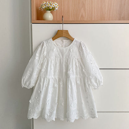 Girls' Dress Spring New Style Fashion White Long Sleeve Embroidered Charming Princess Dress for Children