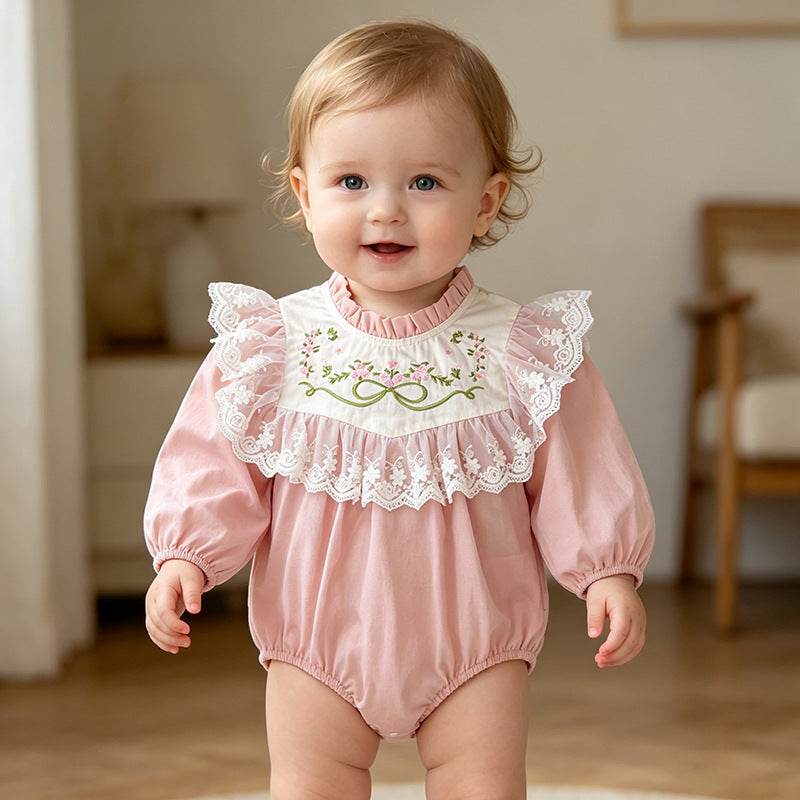 Baby Long Sleeve Romper with Lace Embroidery, Spring and Autumn New StyleFashion for Girls, Infant Bodysuit