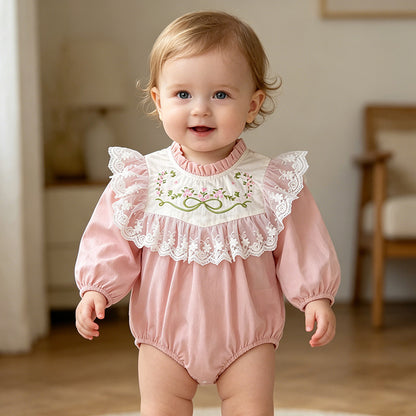 Baby Long Sleeve Romper with Lace Embroidery, Spring and Autumn New StyleFashion for Girls, Infant Bodysuit