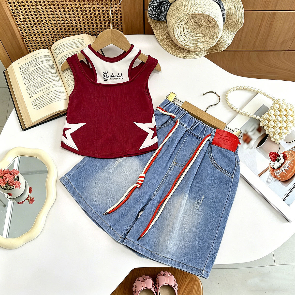 Fashionable Summer Outfit for Girls, Stylish Short Sleeve Trendy Denim Mid-Length Pants Two-Piece Set