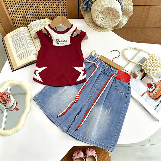 Fashionable Summer Outfit for Girls, Stylish Short Sleeve Trendy Denim Mid-Length Pants Two-Piece Set
