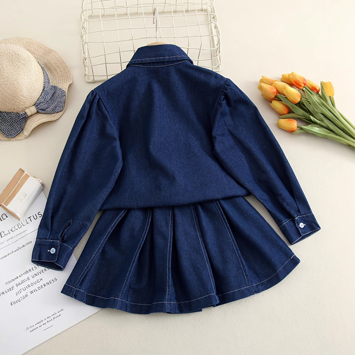 Fall New Girls' Denim Set: Turn-down Collar Denim Shirt with Pleated Skirt Two-piece Set