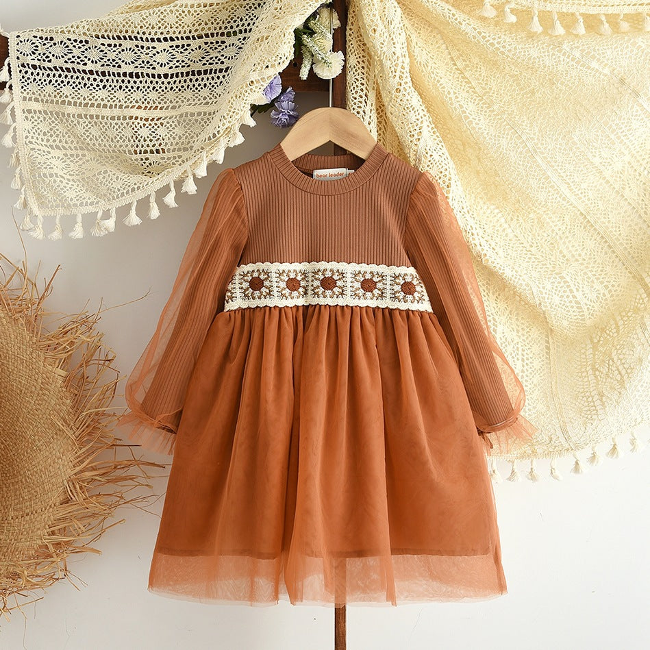 Round Neck Floral Lace Trim Tulle Long Sleeve Dress for Girls Princess Dress