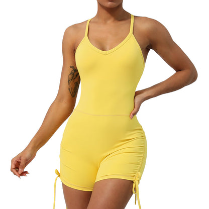 Body de yoga à col en V, bretelles fines, dos croisé, short moulant sans manches avec soutien-gorge intégré