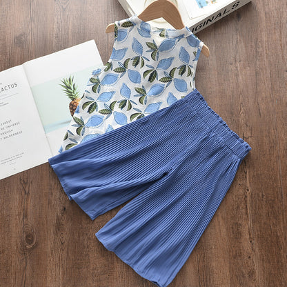 Korean Style Summer Lightweight Chiffon Sleeveless Blouse with Bow + Wide-Leg Pants Two-Piece Set for Kids