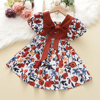 Children's Summer Girl Short Sleeve Dress with Backless Bow and Puff SleevesOil Painting Vintage Style Dress