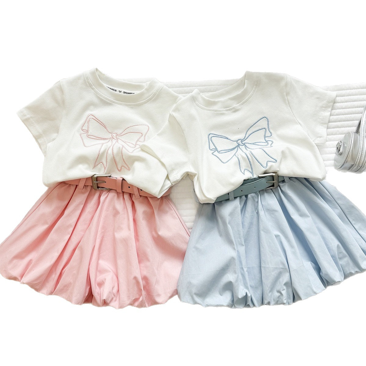 Summer Girl's Outfit Set New  Short Sleeve Bow T-Shirt and Bloomer Shorts Two-Piece Set
