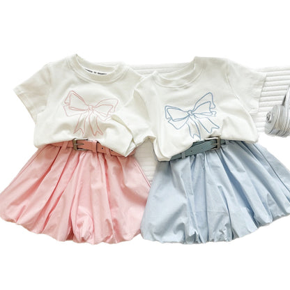 Summer Girl's Outfit Set New  Short Sleeve Bow T-Shirt and Bloomer Shorts Two-Piece Set