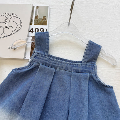 Cute Girl's Dress Summer Fashion Denim Spliced Tulle Strap Dress Elegant Princess Dress
