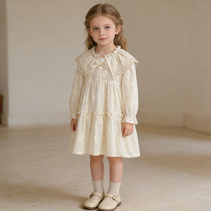 Girls' Dress Spring Autumn New French Lace Trim Large Turn-Down Collar Long Sleeve Princess Dress Children's Clothing