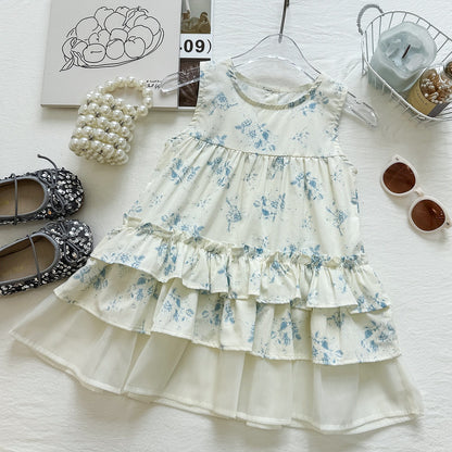 Floral Print Sleeveless Cake Dress for Girls,Children's Tank Dress