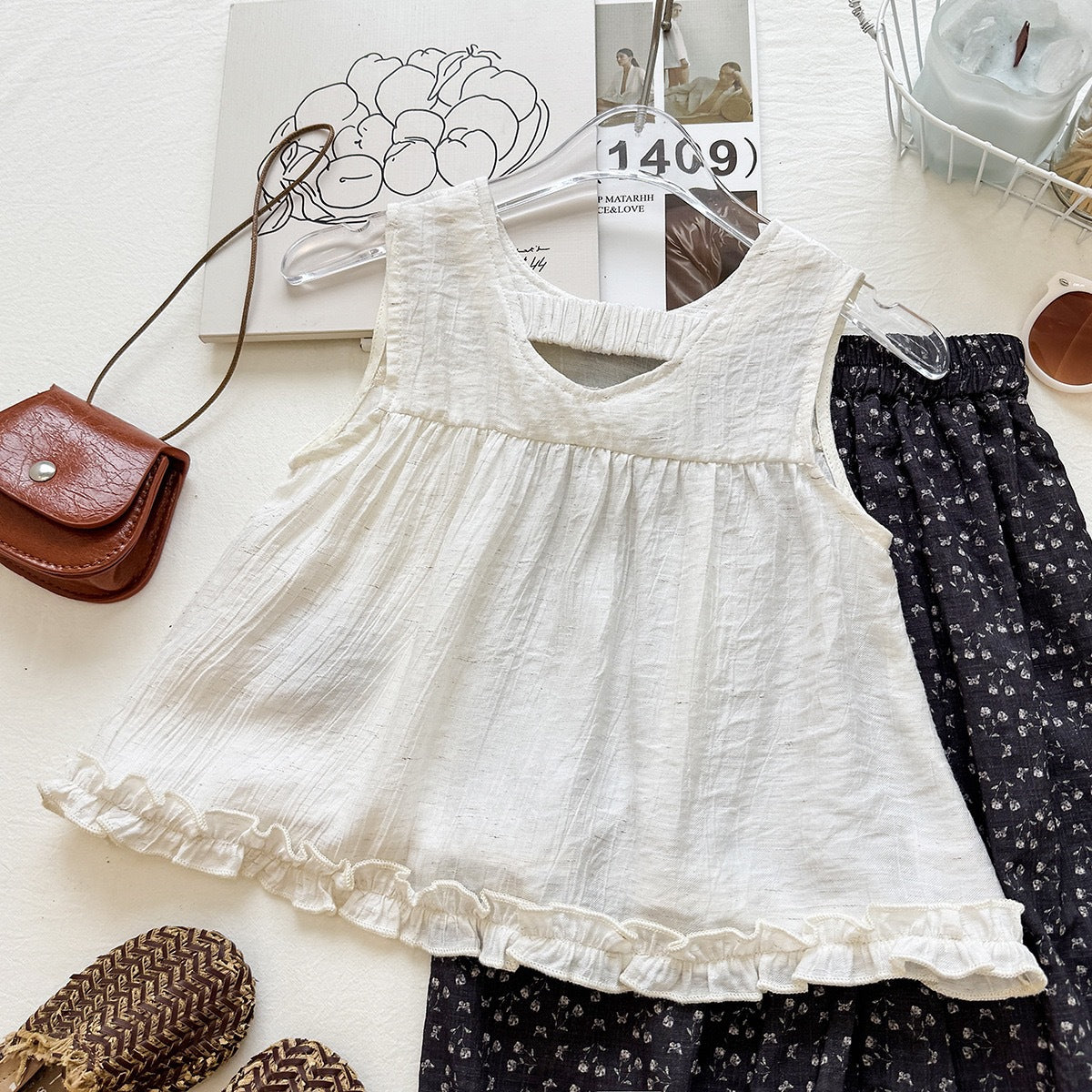Summer Girls' Outfit Set Fashion Sleeveless Crop Top Floral Long Pants Casual Two-Piece Set