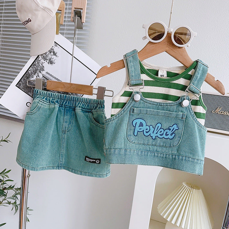 Cute Girl's Summer Denim Outfit Set, New Baby Summer Sleeveless Top with Strap Skirt Three-Piece Set