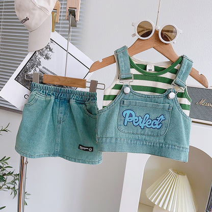 Cute Girl's Summer Denim Outfit Set, New Baby Summer Sleeveless Top with Strap Skirt Three-Piece Set
